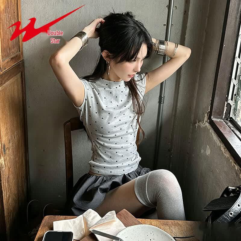 Women s Retro Polka Dot Short Sleeve Knit Top M