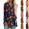 Ladies' Fashionable And Casual Halloween Printed T-shirt Long Sleeved V-neck Mid Length Top
