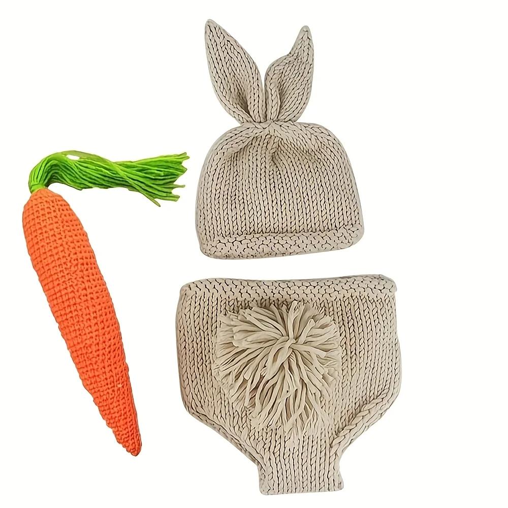 

Newborn Rabbit Photography Outfit Handmade Blend Crochet Knitting Clothing Ear Hat And Carrot Prop 1 Set Baby Shooting Accessory 0-3 Months&Acrylic хакі