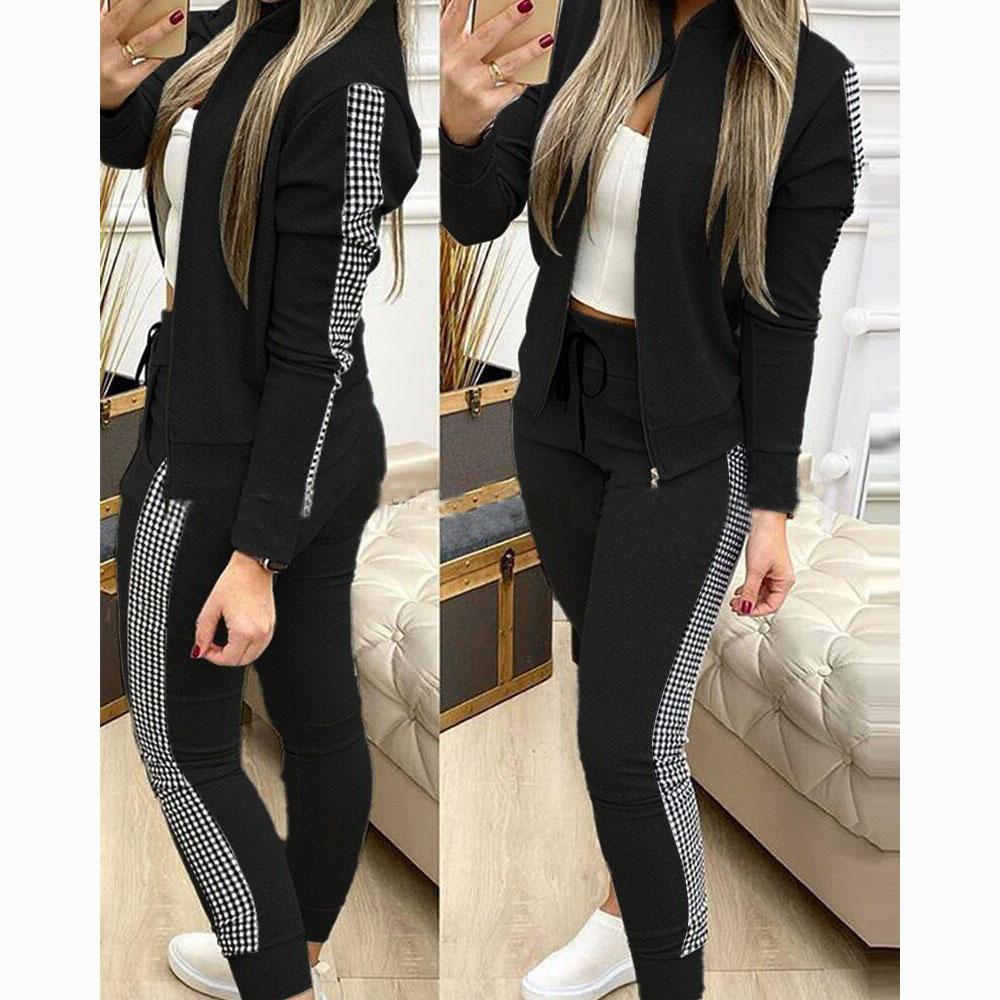Autumn Women's Fashion Sports Casual Patchwork Plaid Suit