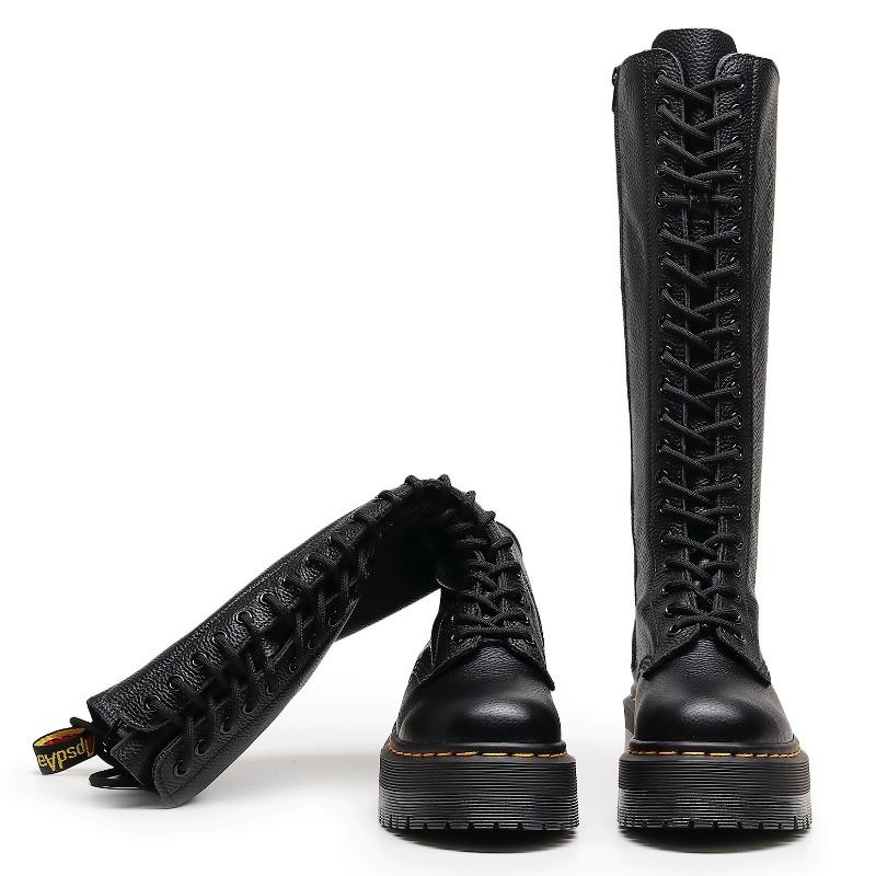 Muffin Bottom Lychee Pattern Long Boots Women's Hole First Layer Short Boots Thick Sole Leather Round Head Trend