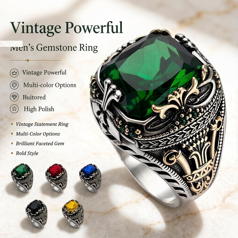 Vintage Men's Ring Stainless Steel Retro Castle Pattern Finger Ring Colorful Artificial Crystal Gemstone Statement Ring for Men