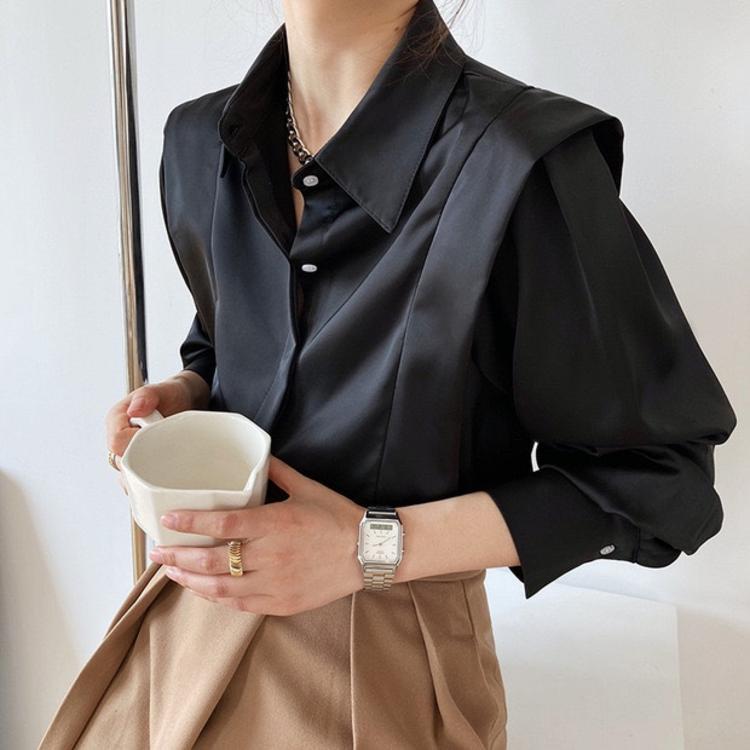 Chic Spring French Satin Long Sleeve White Shirt - Wrinkle-Resistant Women's High-End Design