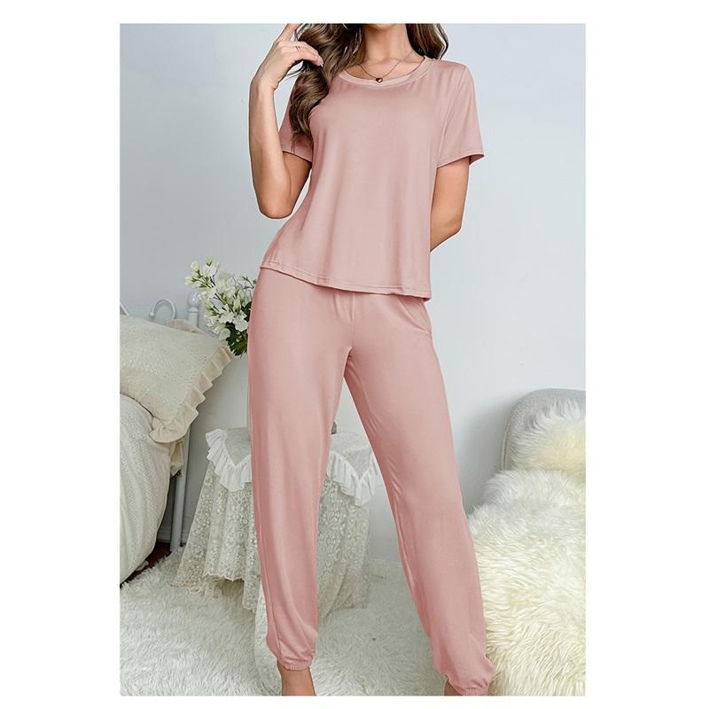 Pyžamový oblek klasický dámský jednobarevný mléčný hedvábí s krátkým rukávem kulatý výstřih tričko kalhoty oblek