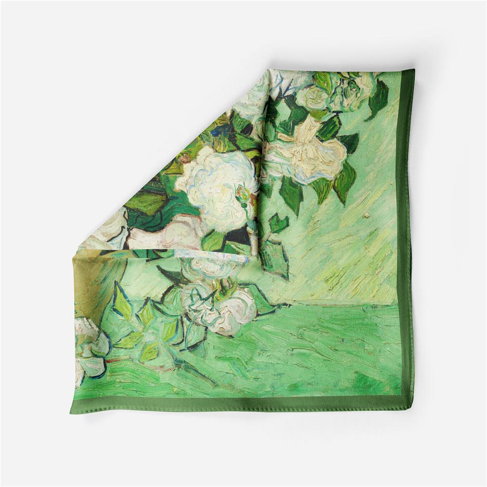 POBING Twill Silk Scarf Woman Floral Painting Square Scarves Wraps Bandana Small Hijab Foulards Tie Headband Neckerchief 53CM