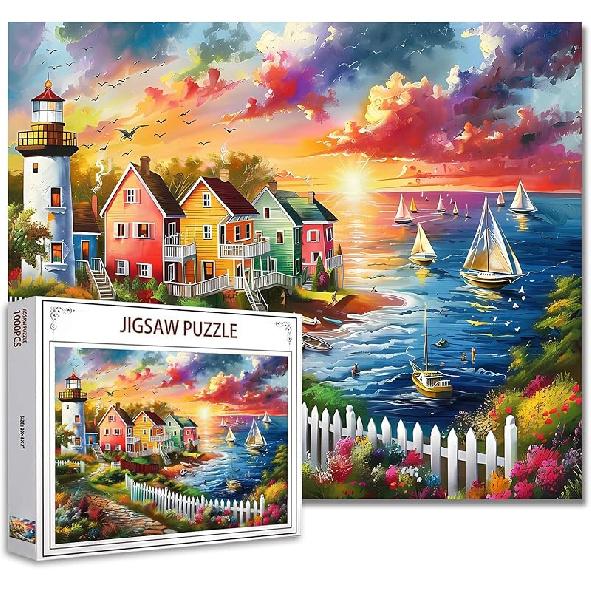 Tucocoo Jigsaw Puzzles 1000 Pieces for Adults-Colorful Seaside Town Hardboard Puzzle-Challenging Puzzle Perfect for Game Nights-DIY Home Wall
