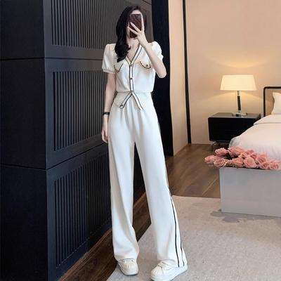 Xiaoxiangfeng Mode Casual Kostym för Kvinnor Sommar Elegant Kortärmad Sport Vida Byxor Tvådelat Set