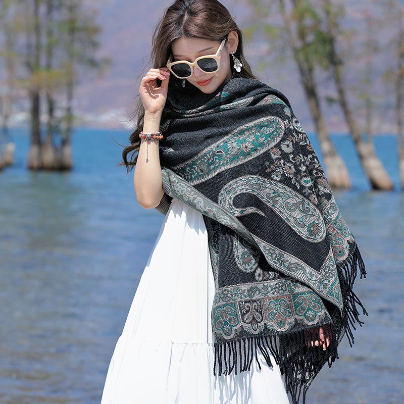 Ethnic Style Cashew Pattern Shawl Cloak Scarf: Imitation Cashmere, Thick, Dual-Purpose Women's Accessory for Autumn/Winter
