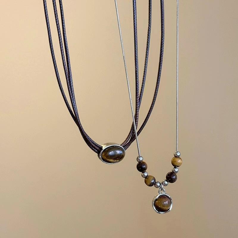 Maillard Leather Anti-tiger's Eye Stone Necklace Women's Chinese Stacked Choker Neck Chain Versatile Temperament Collarbone Chain
