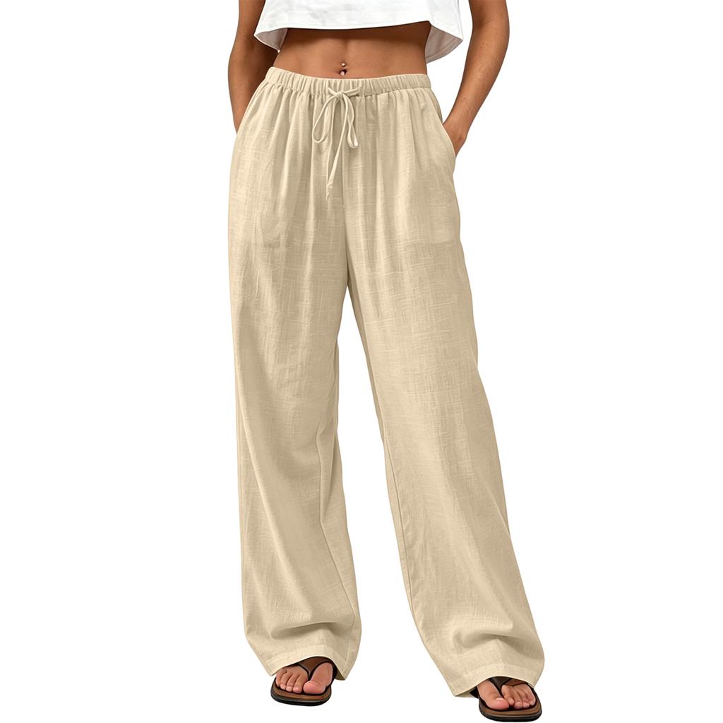 Women’s Summer Loose Fit Straight Leg Long Pants with Elastic Waistband Drawstring and Relaxed Draped Trousers for Casual Wear