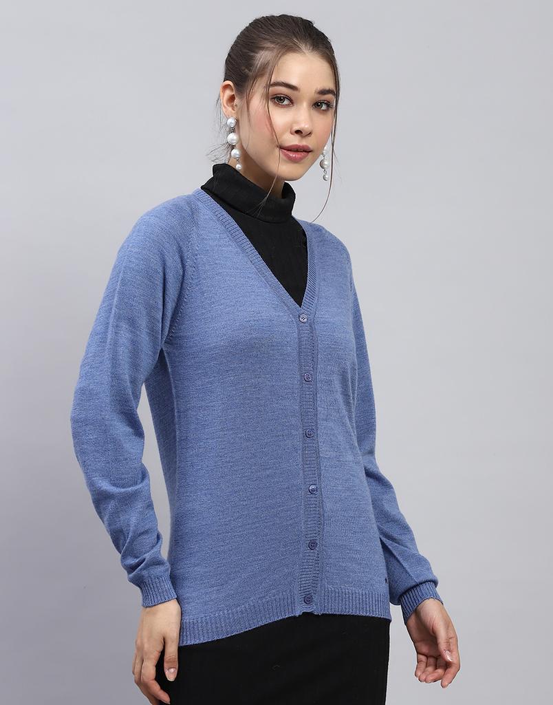 MONTE CARLO Womens Solid Blue V Neck Full Sleeve Cardigan