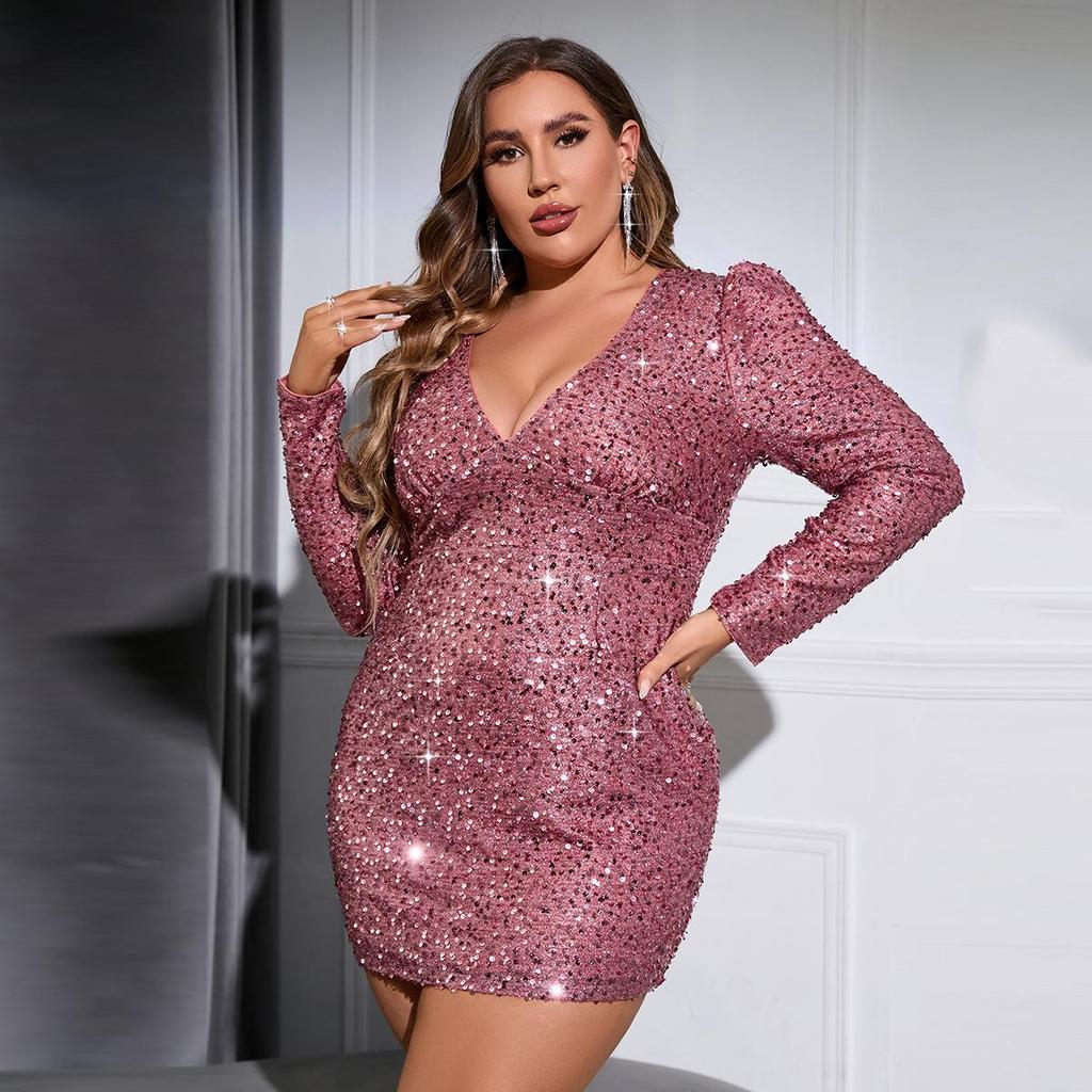 2025 Starry Sky Sequin V-Neck Puff Sleeve Christmas Evening Dress
