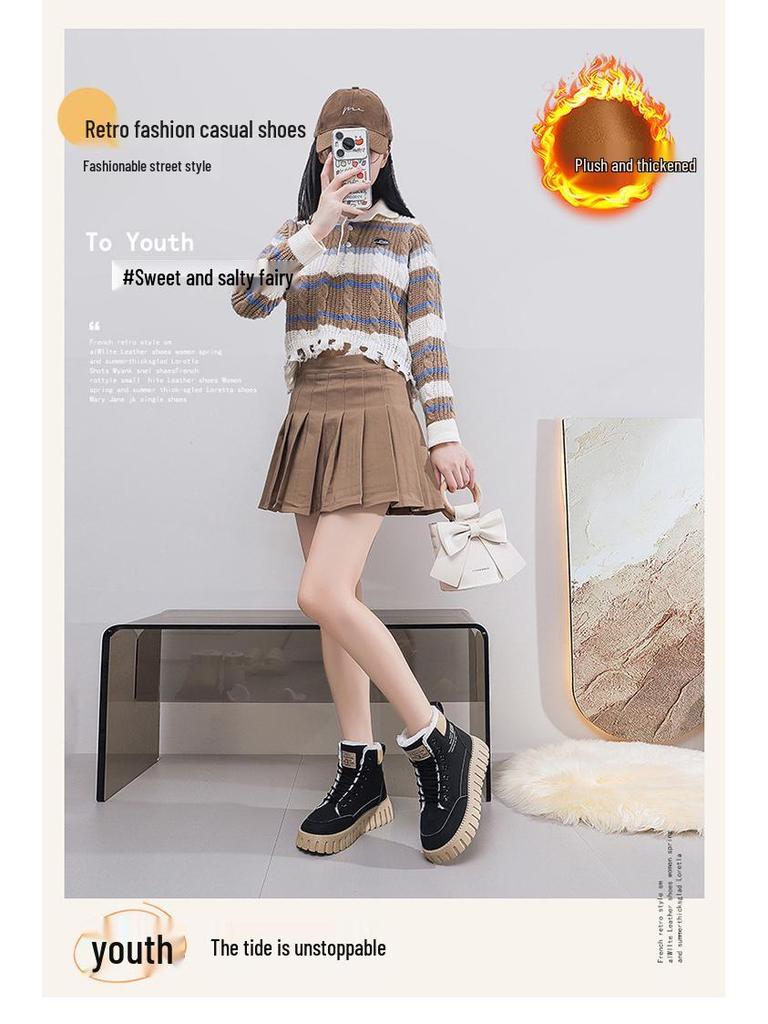 Damen Winter Samtgefütterte High-Top Martin Stiefel: Koreanischer Stil, Warm gefütterte Schneestiefel mit dicker Sohle