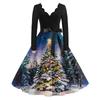 Damen Casual Mode V-Ausschnitt Langarm Weihnachten Bedruckt Party Vintage Lange Kleider