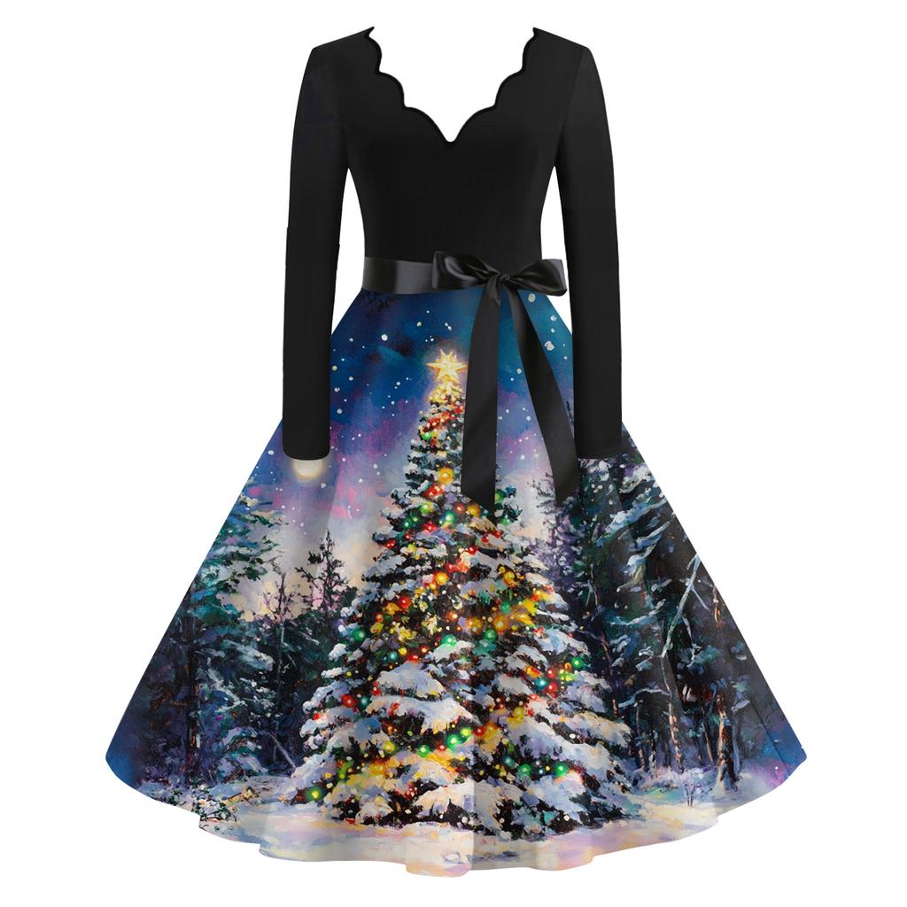 Damen Casual Mode V-Ausschnitt Langarm Weihnachten Bedruckt Party Vintage Lange Kleider