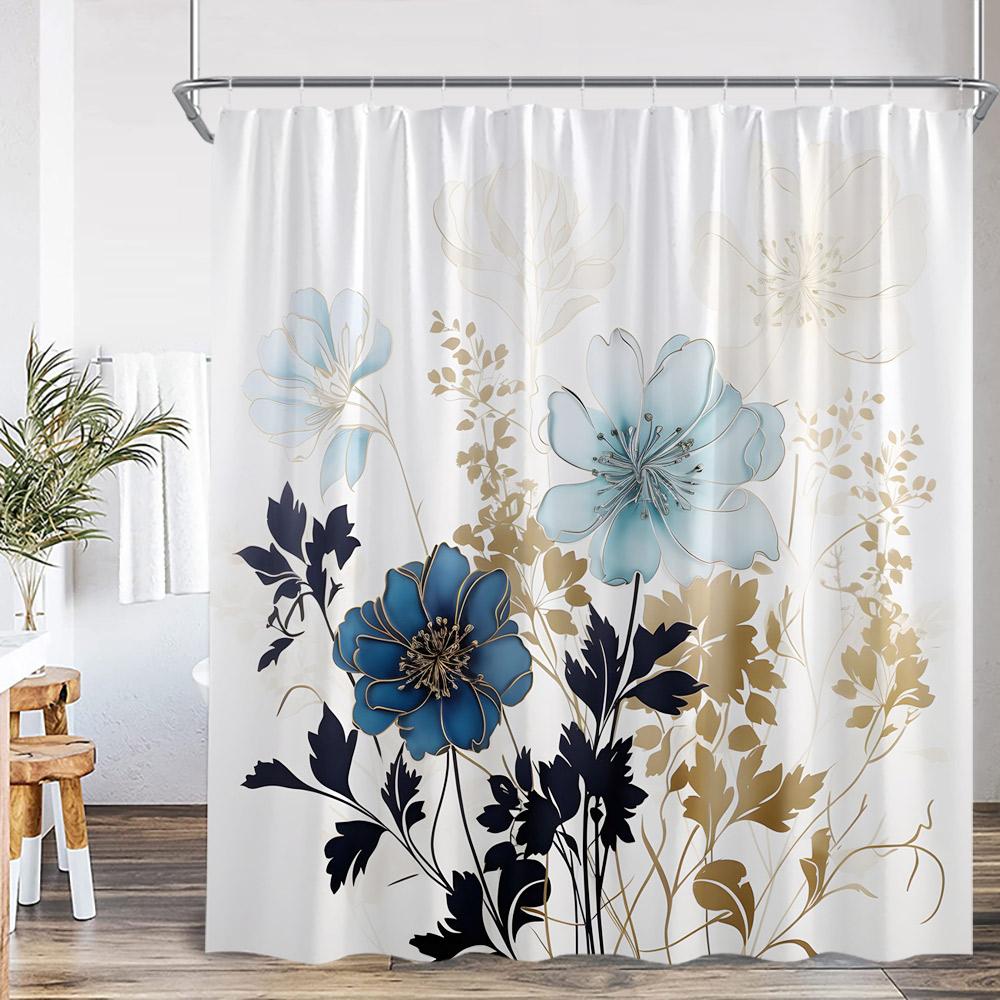 Watercolor Floral Shower Curtain Flower Plant Butterfly Purple Blue Golden Blossom Bathroom Decor ModernPolyester Bath Curtain