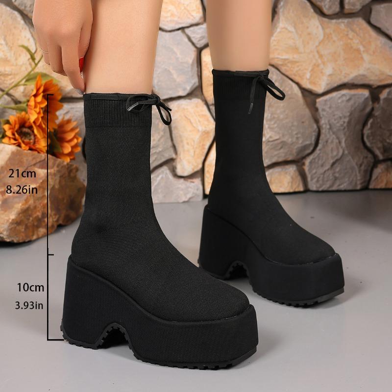 2025 Trend Woman New Chelsea Pumps Platform Women Knitting Ankle Sock Boots Fashion Winter Snow Botas Mujer Bow High Heels Shoes
