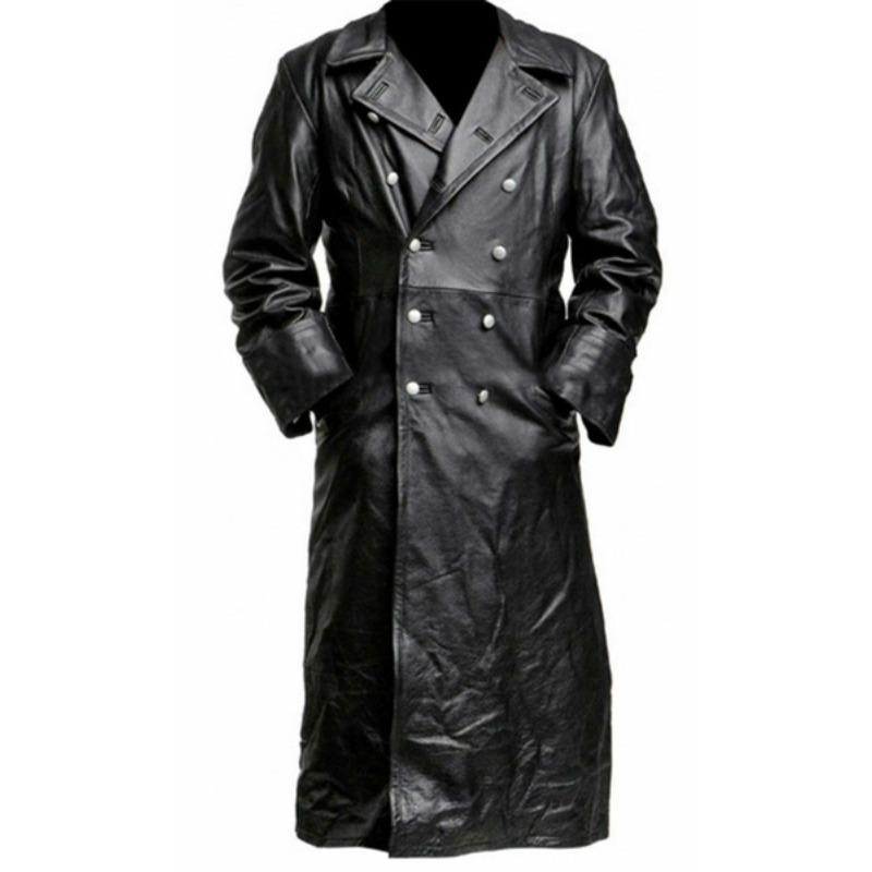 Gabardina clásica de cuero negro para oficial de uniforme masculino