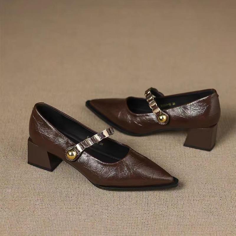 2025 New French Pointed Toe Mary Jane Single Shoes Women's 2025 Fall New Shallow Mouth Block Heel Pump Shoes