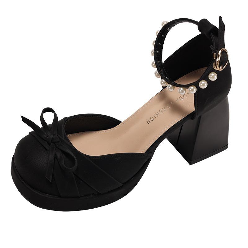 Fashion Hot Selling French Bow Block Heel Mary Jane Shoes Women's 2025 Spring and Summer Round Toe Shallow Mouth One Buckle Beaded Heels