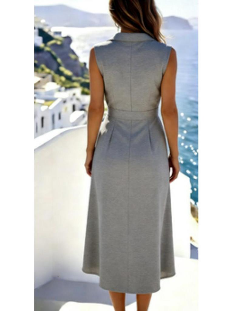 European & American Elegant Sleeveless Pleated Button Dress - Solid Color, Irregular Hem.