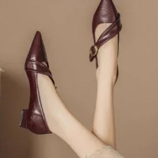 Pointed Toe Women Chunky Shallow Leather Elegant Heels Shoes Trend Fashion Spring Designer Party Dress Sandals New Mujer Zapatos