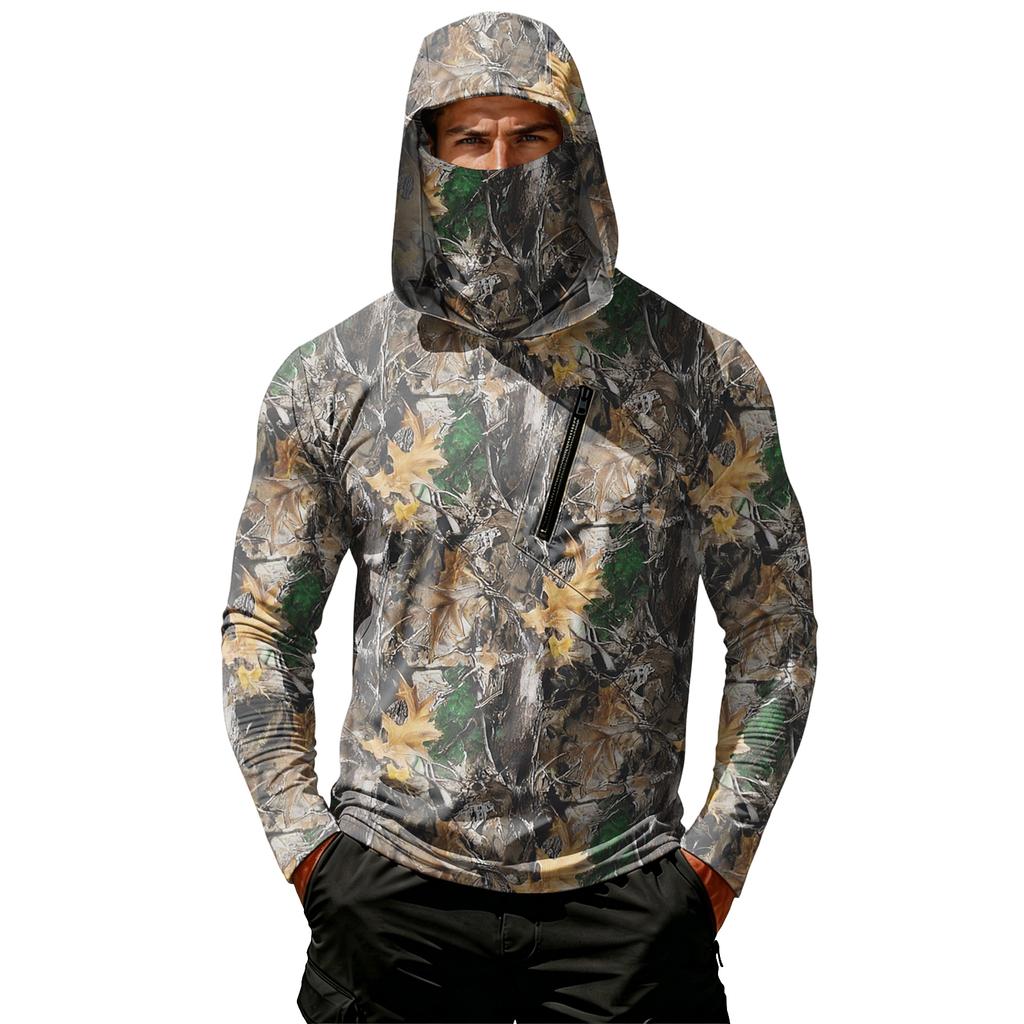 Men's Casual Leaf Camouflage Print Hooded Long Sleeve Sun Protection Shirt Lightweight Breathable Outdoor Pullover Top