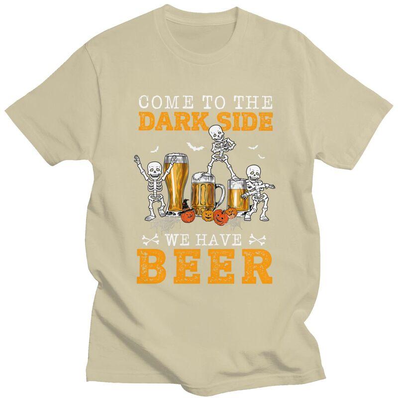 Happy Halloween Skeleton Drinking Beer T Shirts Short Sleeve Tshirt Graphic Tee Tops Pure Cotton Loose Oversized Clothing