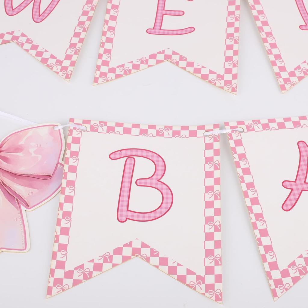 2pcs Welcome Baby Banner, Pre-Strung Pink Bow Welcome Baby Sign Hanging Banner Perfect Decorations and Photo Props for Girls Babies Shower Gender