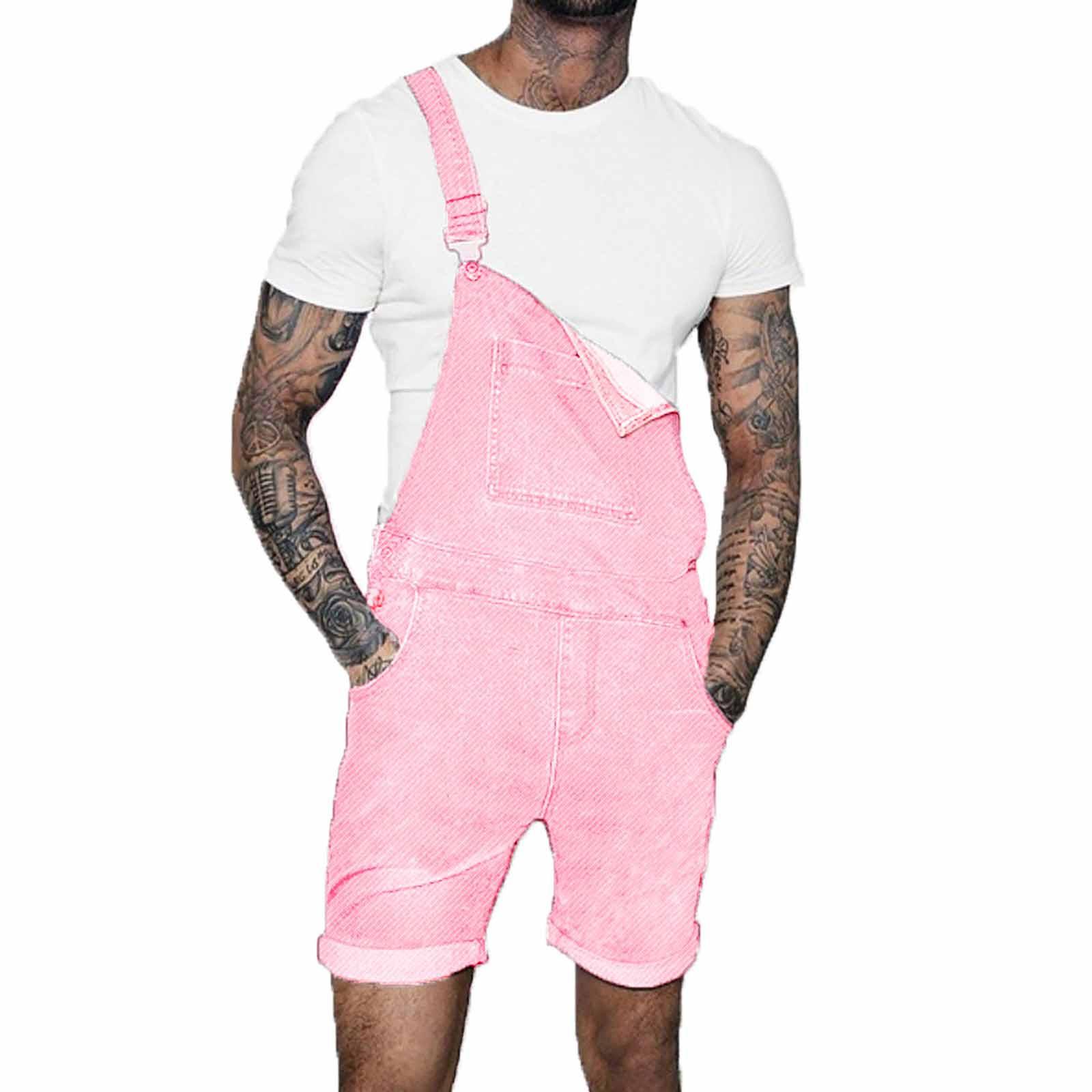 Mens Mutil Pocket Jeans Overall Jumpsuit Streetwear Overall Suspender Pants S розовый