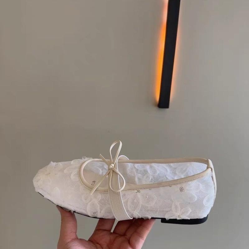 Fashion Square Toe Lace Mesh Bow Mary Jane Shoes Women's Summer New Breathable Slip Strap Soft Sole Non-Slip Flat Single Shoes
