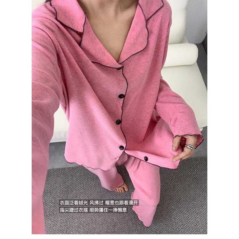 

33 Contrasting color threaded loungewear women s suit autumn and winter new elastic breathable pajamas two-piece set lapel fungus edge Average size (80-67.5 kg)