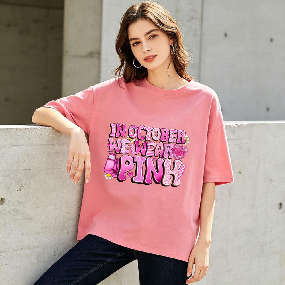 In October We Wear Pink Boxing Glove Heart Letter Graphicunisex Summer T Shirt Breast Cancer Awareness Fall Casual Short Sleeve
