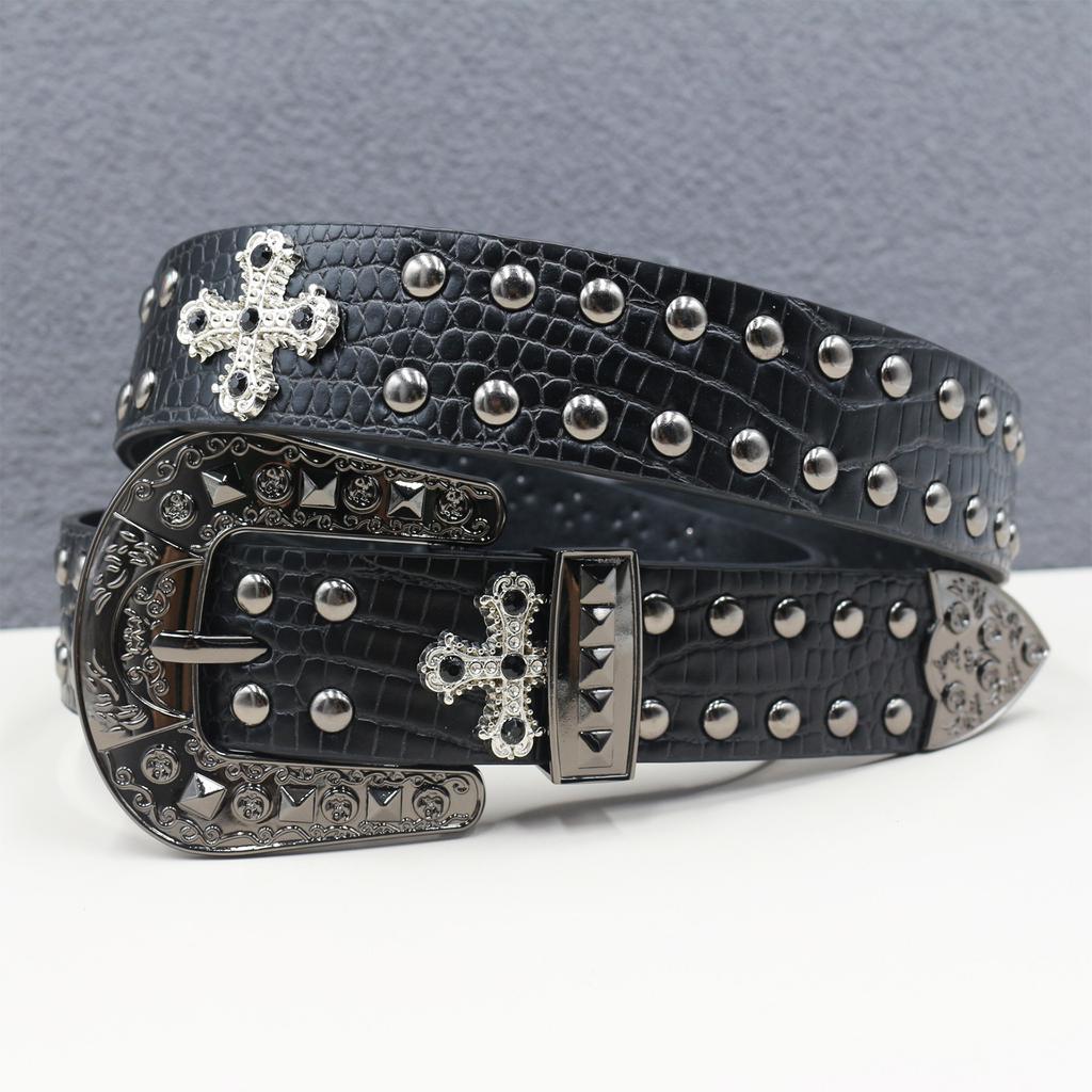 Rivet Belt Decorative Cross Niche Retro Versatile Wide Belt Punk Hot Girl Pin Buckle Western Denim