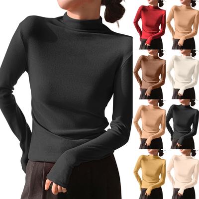 Γυναικείο Μονόχρωμο Μονόχρωμο Μπλουζάκι Βάσης με Μάκρυ Μανίκι και Στενή Γραμμή με Μισό Ψηλό Λαιμό