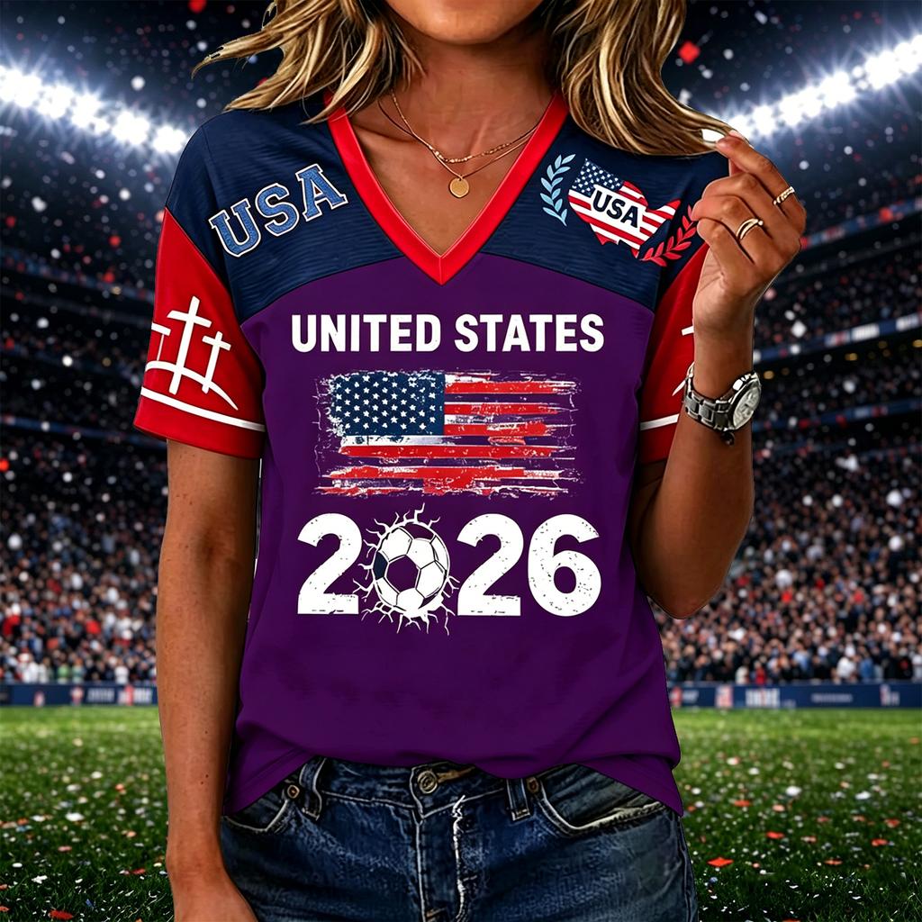 Women’s Casual V Neck Pullover Top with Short Sleeves and States Flag 2026 Soccer Graphic Print for Everyday Wear