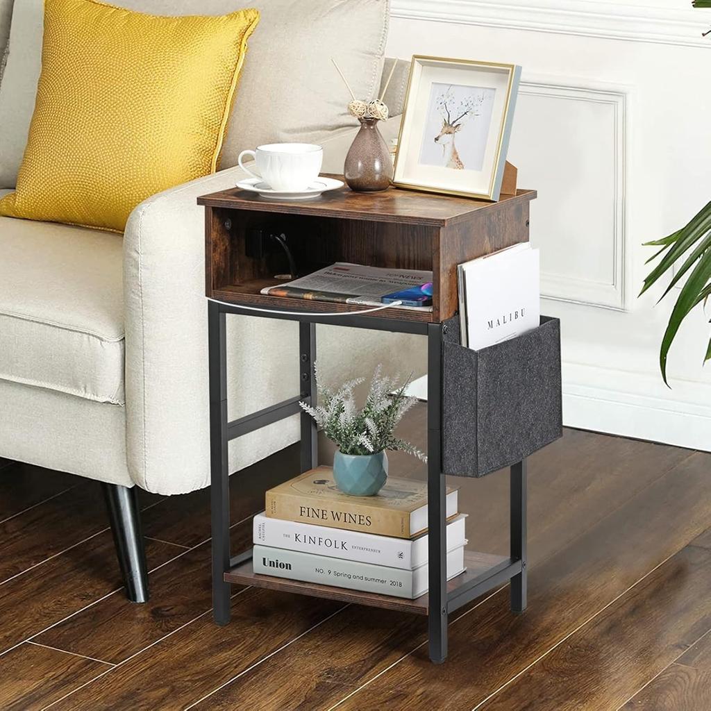 Charging Nightstand with USB/Outlet | Bedside Table with Drawer & Storage Bag for Small Spaces, Bedroom, Brown