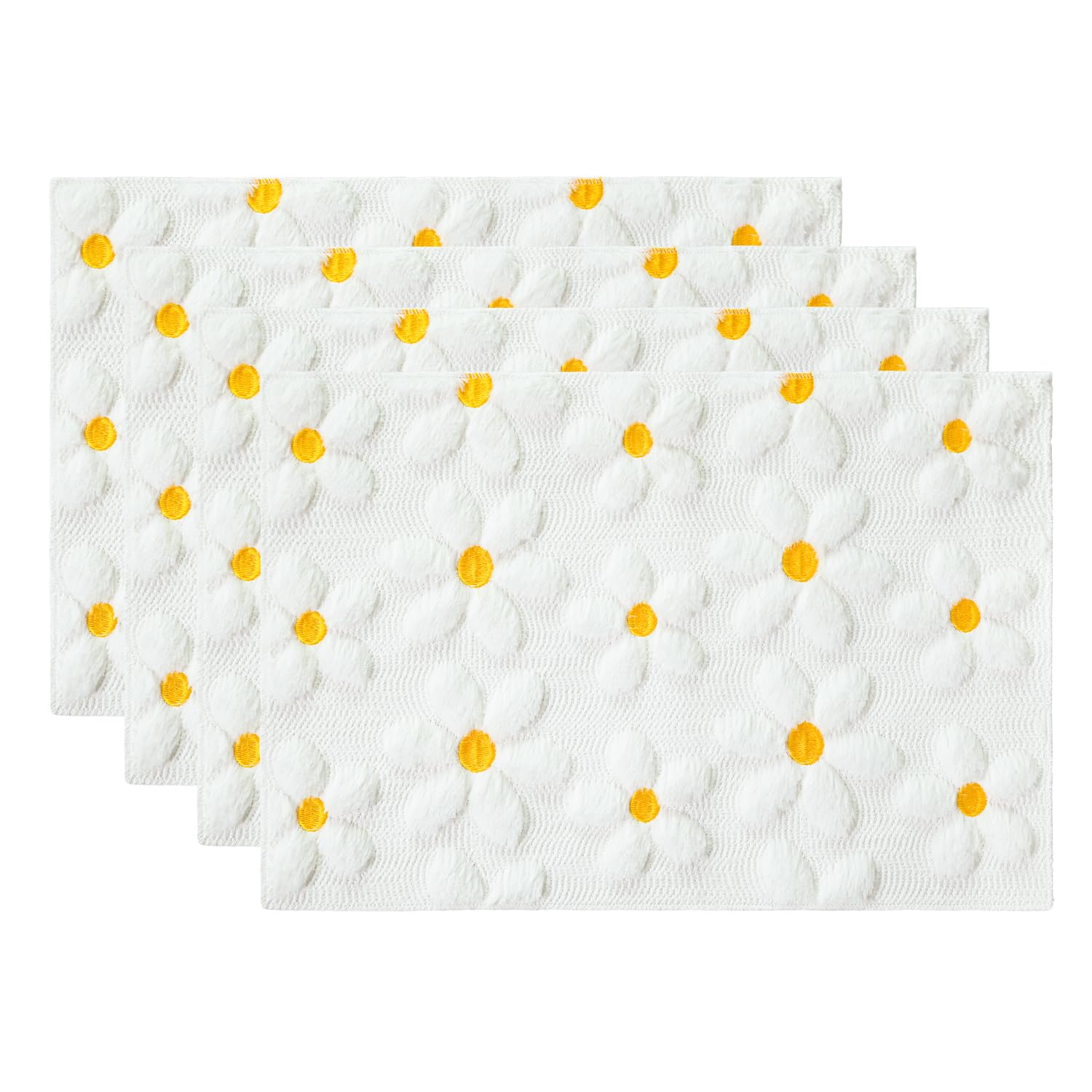 

White Daisy Embroidery Spring Placemats Set of 4, 12x18 Inch Soft Plush Faux Fur Wool Holiday Table Mats for Party Kitchen Dining Decoration 12 x 18 , Rectangular 4 Pcs