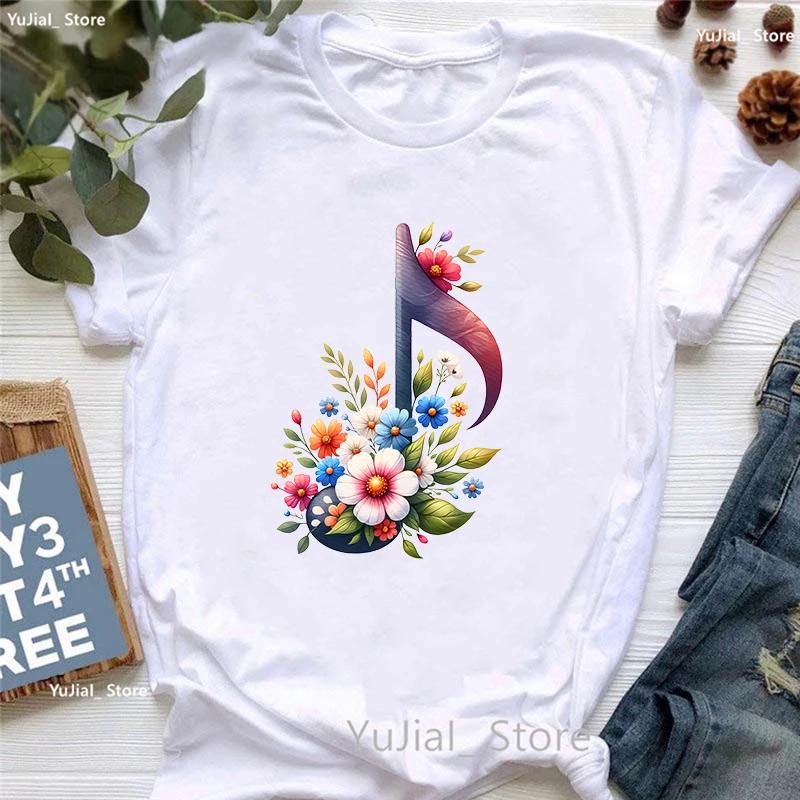 Watercolor Music Note Flowers Print T Shirt Girls Summer Fashion Tshirt Womem Hip Hop Tshirt Femme Harajuku Shirt Streetwear