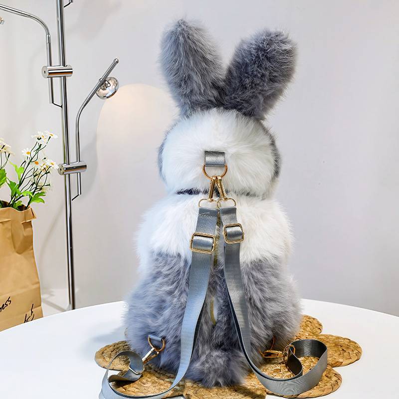 Cute Bowknot Plush Rabbit Backpack Realistic Long Fur Bunny Doll Cartoon Stuffed Animal Bag