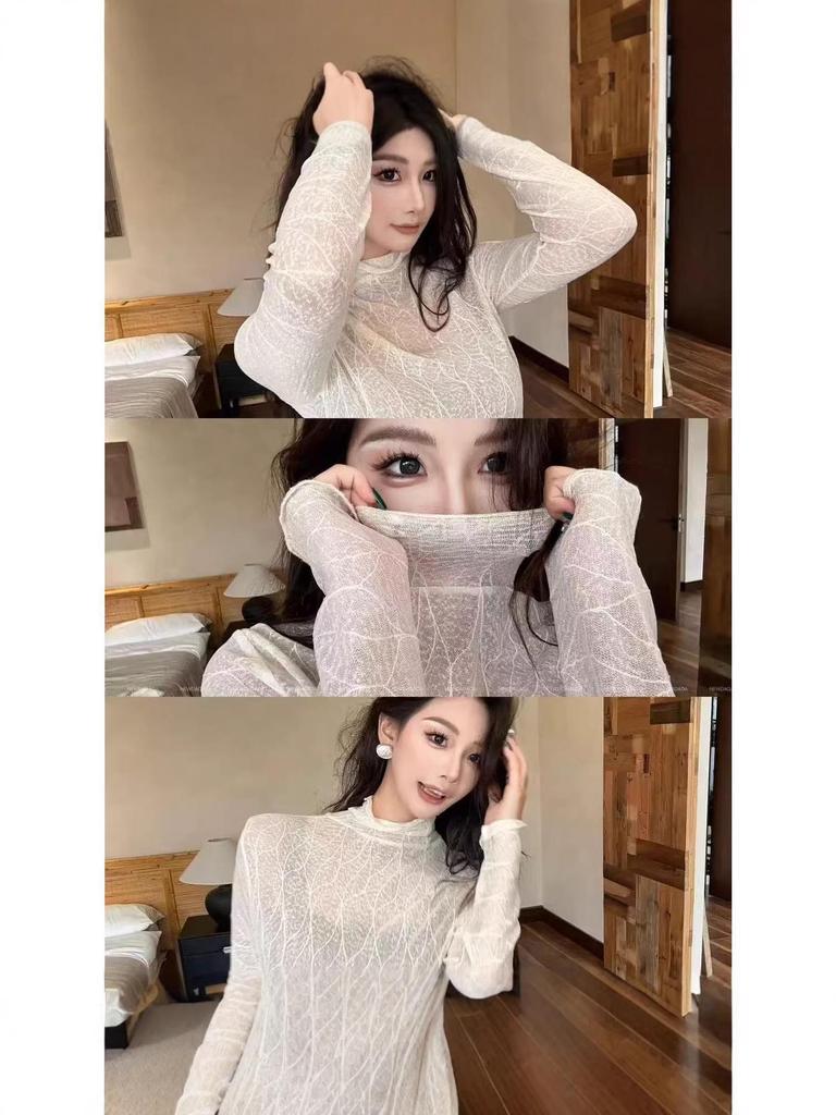 Women's French Retro Sheer Slim Fit Turtleneck Shirt - Spring/Autumn Layering Top