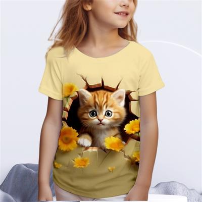 Costumes for Girls 3D Cat Print T-Shirts Short Sleeve Children's Clothing Fashion Top Aged from 2 To12 Year Kids Girls' Clothes