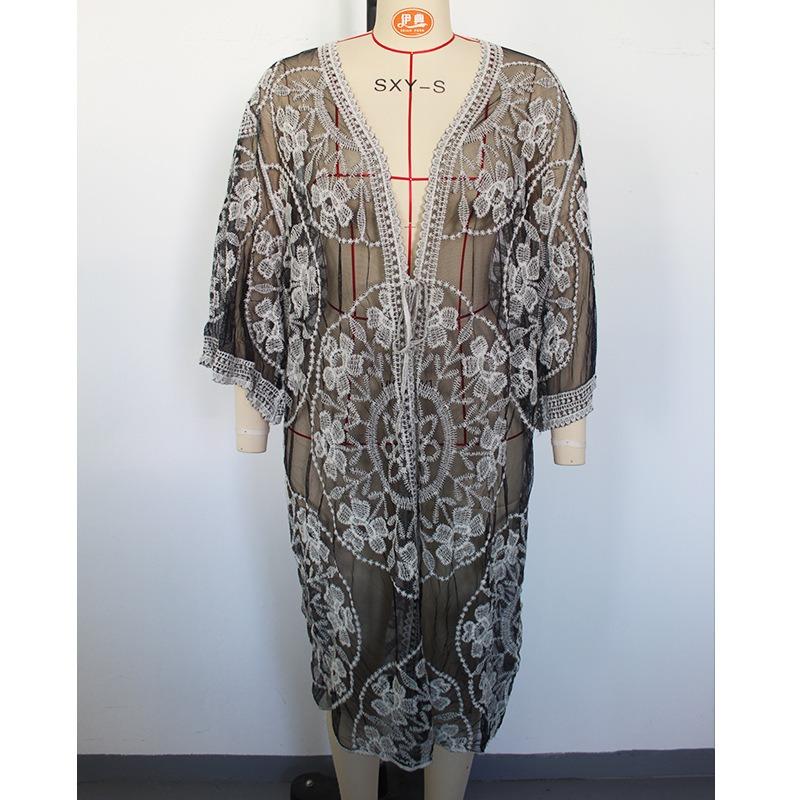 Women's Summer Lace Embroidery Long Cardigan See Through Bikini Outer Beach Cover-ups