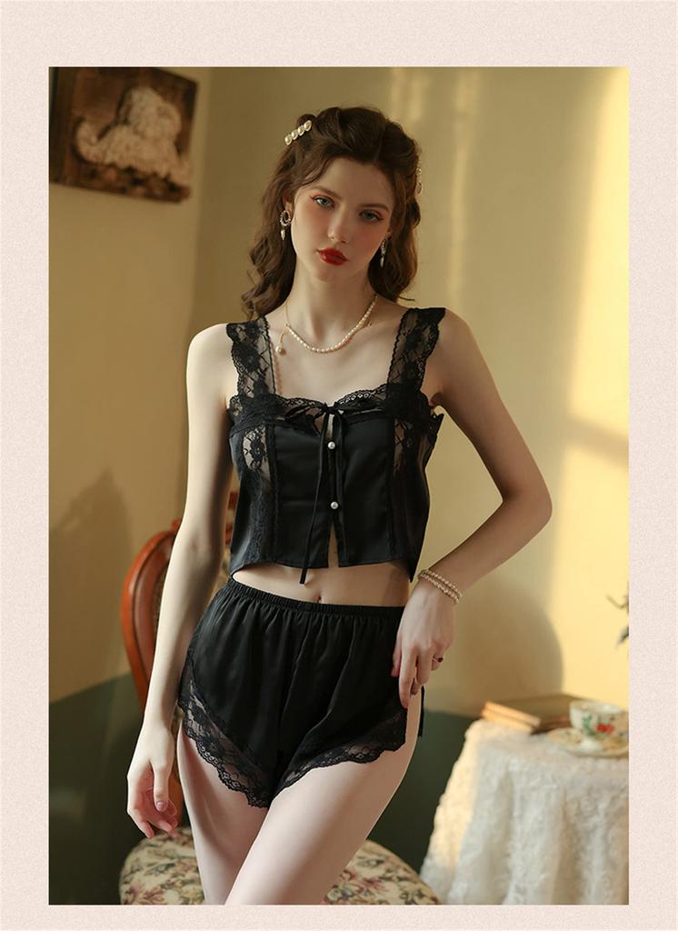 LanBuff Sexy Lingerie Short Cami Pettipants Top and Bottom Set Bustier Pannier Pants Bridal Underwear Nightwear Women's (Black)