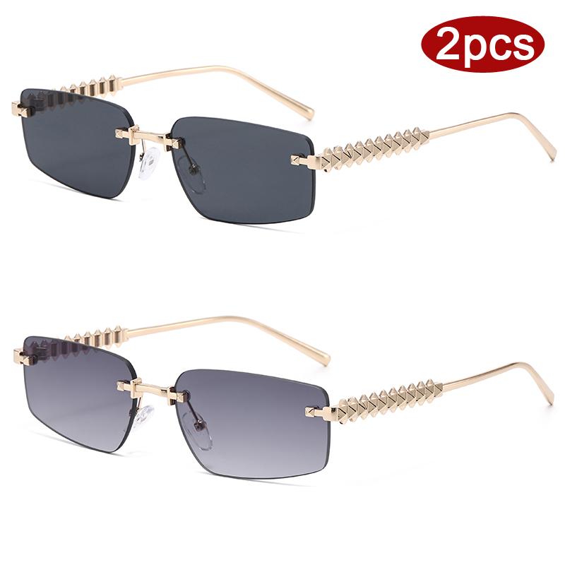 2pcs Rimless Metal Frame Square Sunglasses Women Gradient Color Lens Sun Glasses Vintage Irregular Legs Design Eyewear UV400