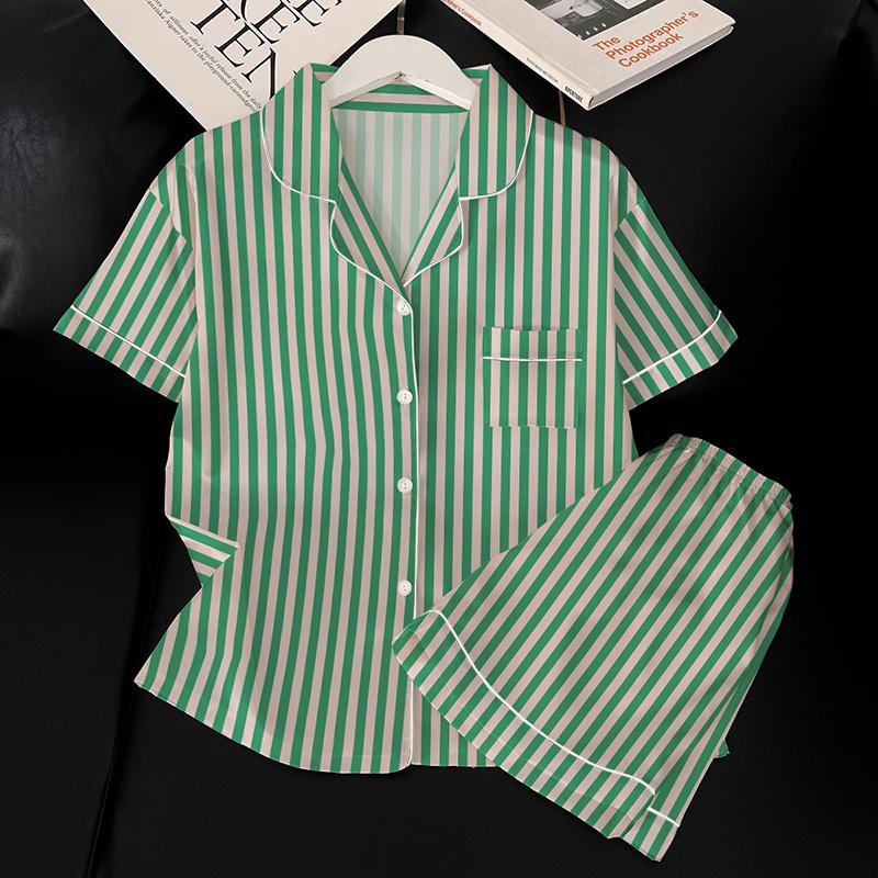 

Летняя пижама с короткими рукавами и шортами для женщин, корейский комплект из 2 предметов, шелковая модная пижама, элегантный атласный пижамный комплект в зеленую полоску для молодой девушки XXL