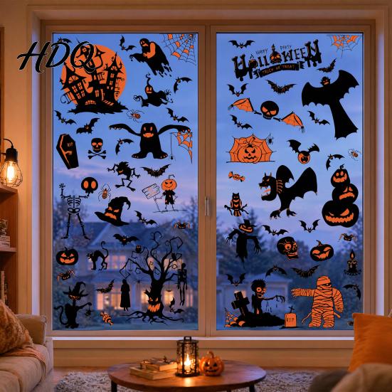 Non-adhesive Halloween Decals 9 Sheets Window Clings Happy Pumpkins Witch Ghost Bats Castle Spooky Decorations Stickers PVC Waterproof for