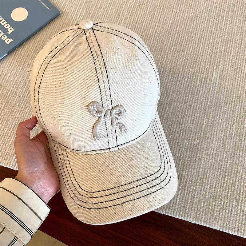 Hat Female original versatile sweet bow embroidered baseball cap spring and summer plaid cap showing small face