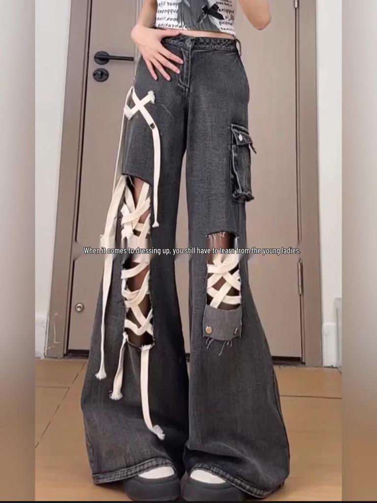 Women's Plus Size Black Lace-Up High Waist Ripped Wide Leg Jeans