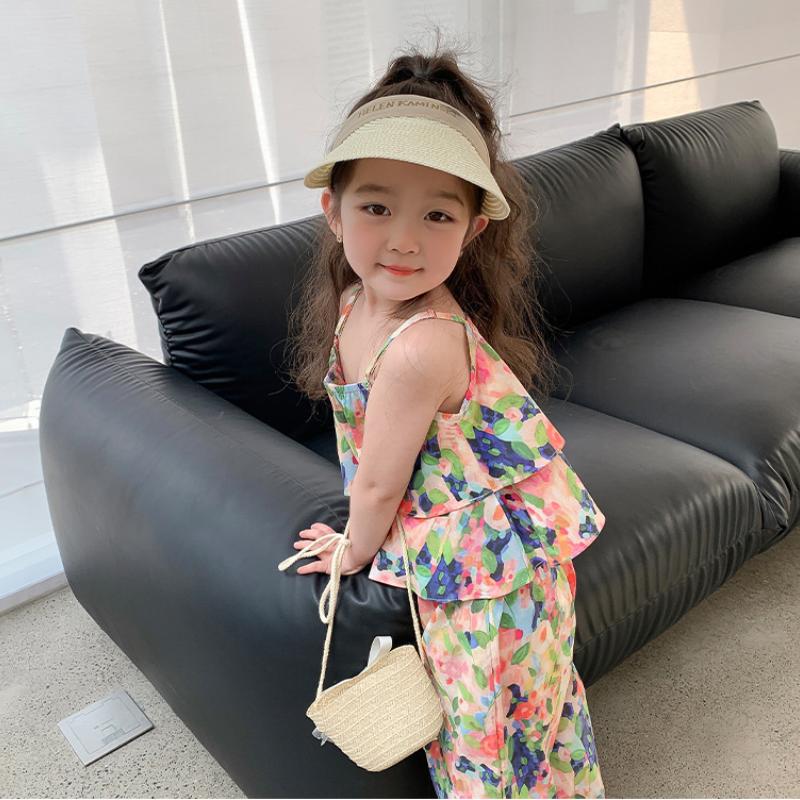 Kinder Kleidung Floral Ärmellose Hosenträger Lose Tops + Geerntete Hose Kinder Atmungsaktive Sport Casaul Outfit Zwei Stücke Set